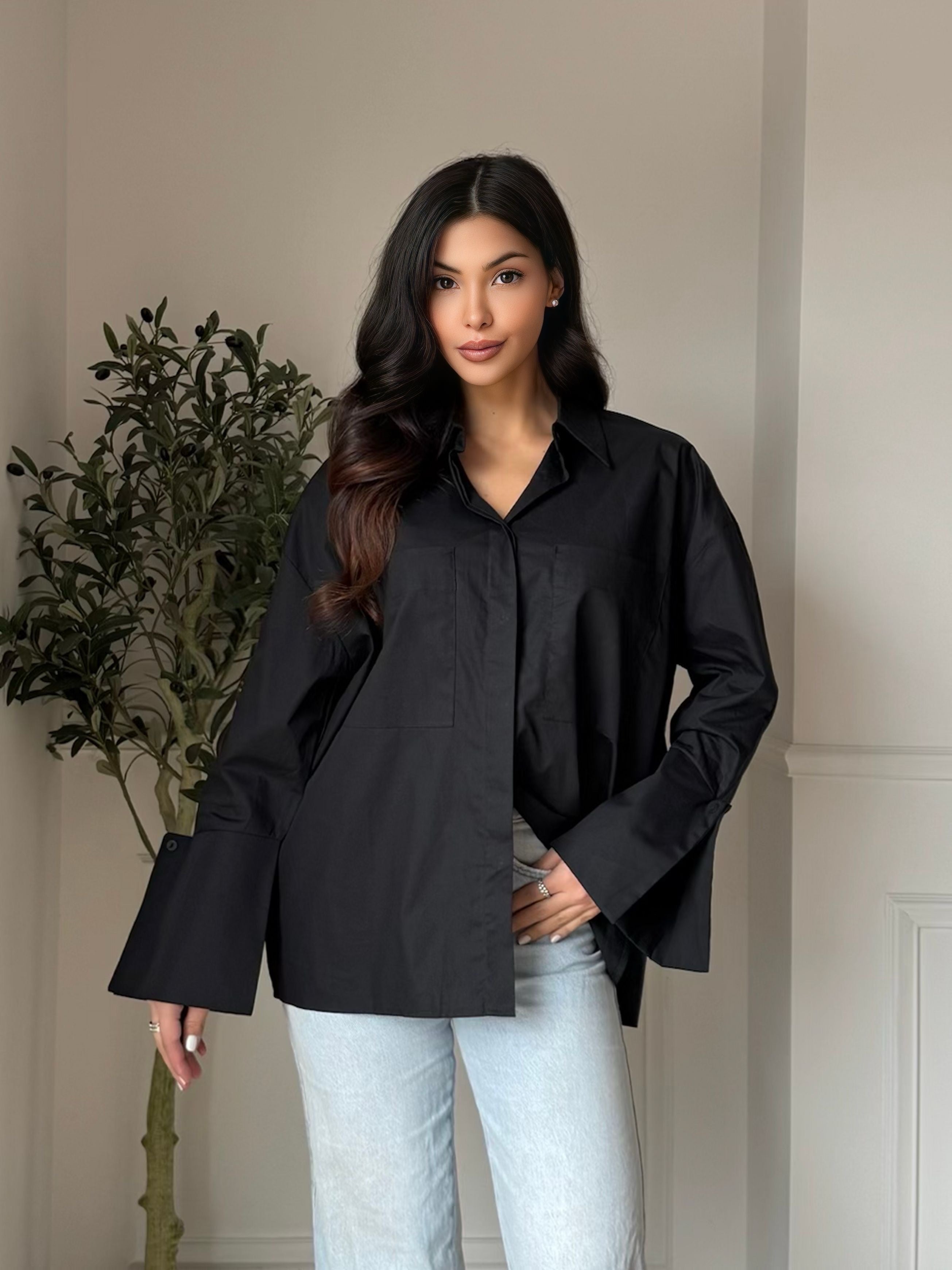 Chemise coton manches originales oversize col V chic élégant