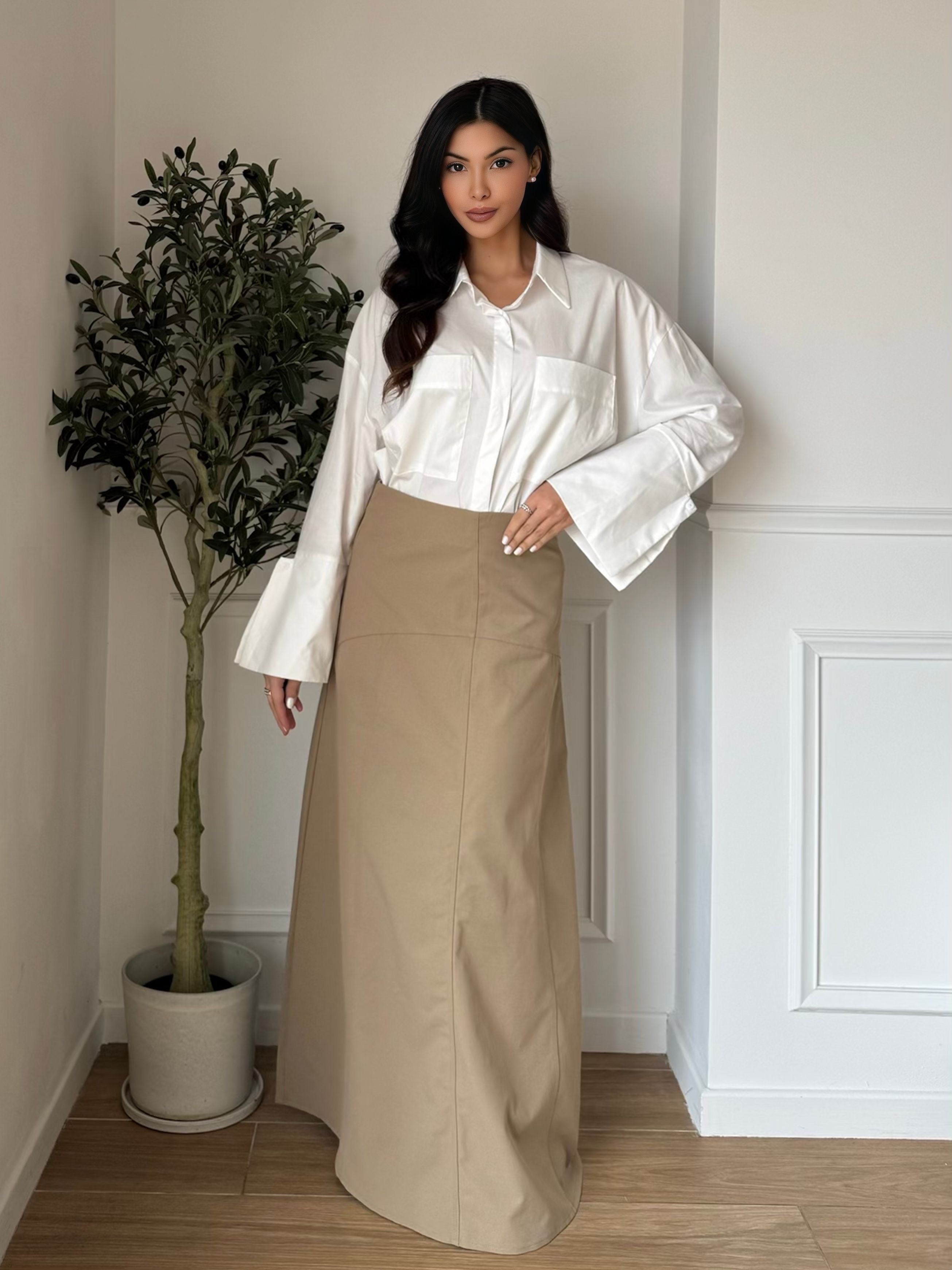 Jupe longue évasée fermeture zip dos élégante chic maxi skirt