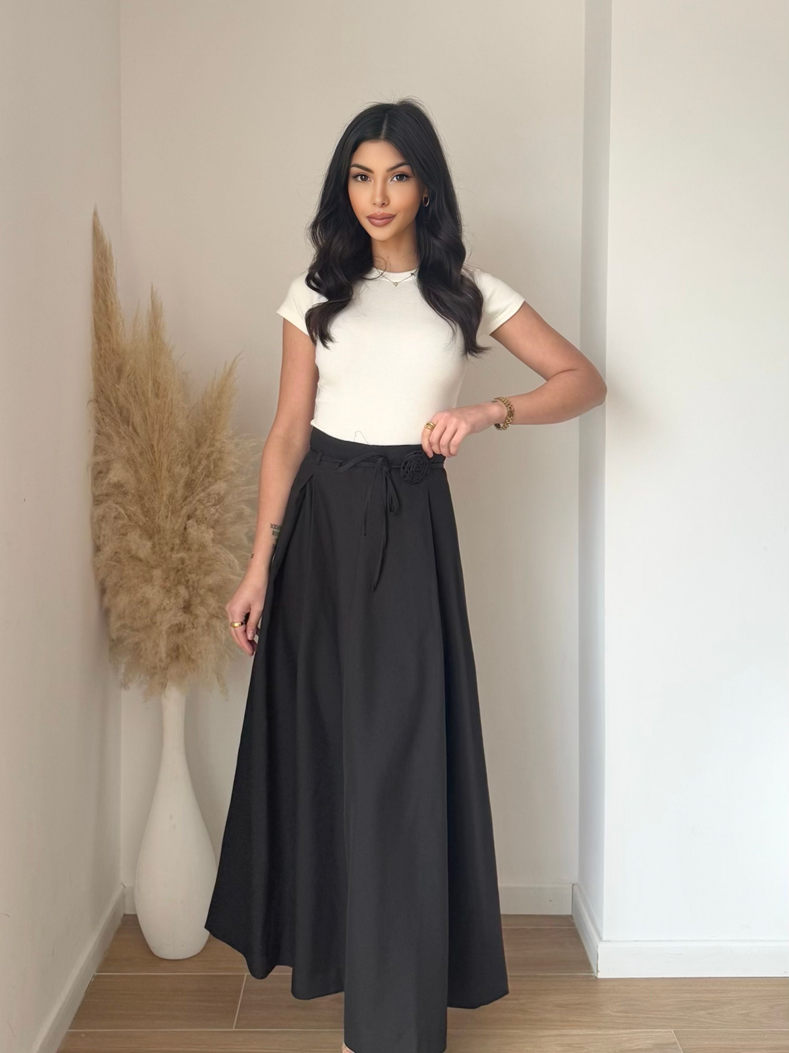 Jupe longue évasée ceinture fleur taille haute élégante maxi skirt