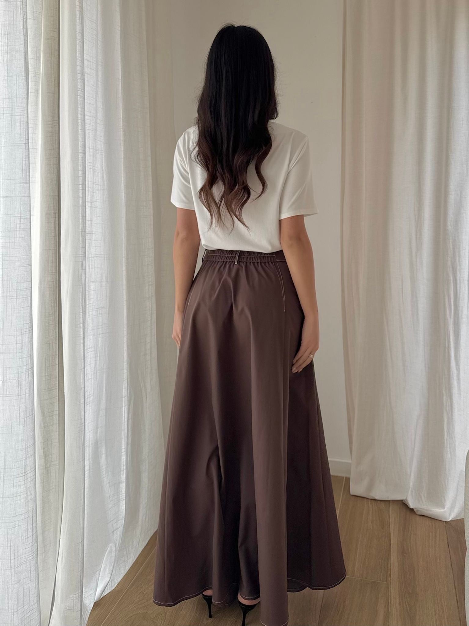 Jupe longue évasée polyester taille élastique style élégant chic décontracté casual maxi skirt