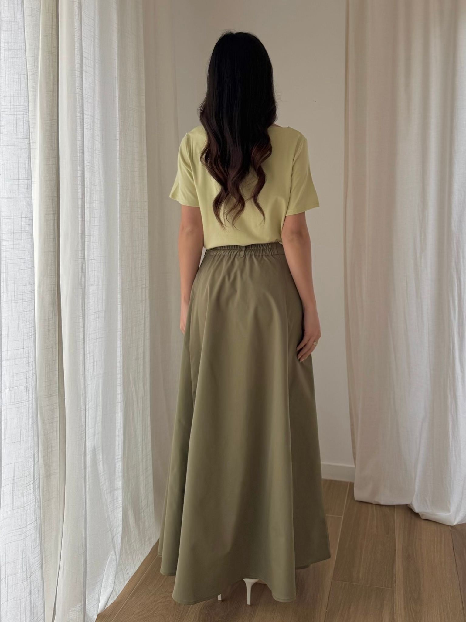 Jupe longue évasée polyester taille élastique style élégant chic décontracté casual maxi skirt