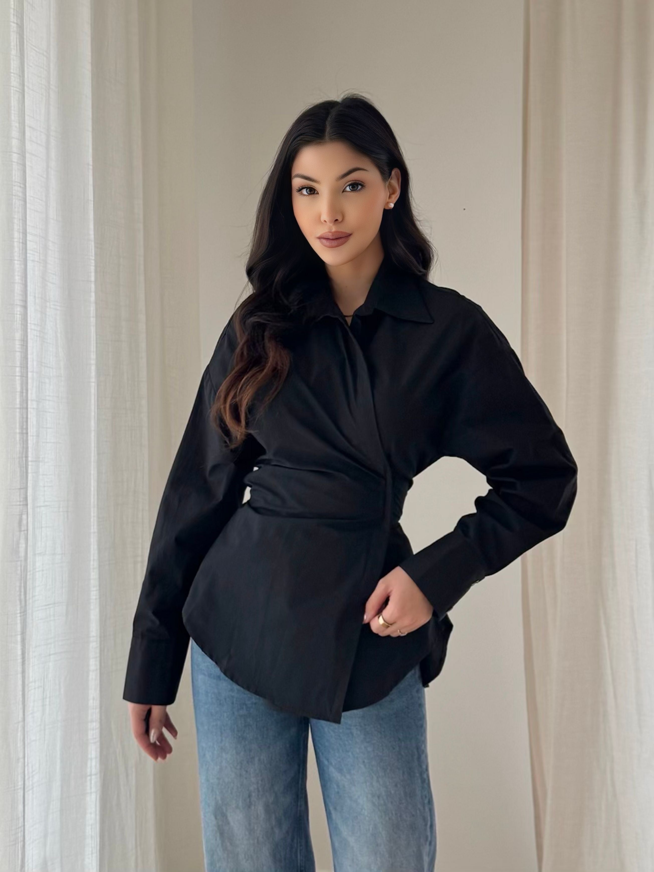 Chemise coton ceinture ajustable col oversize chic casual