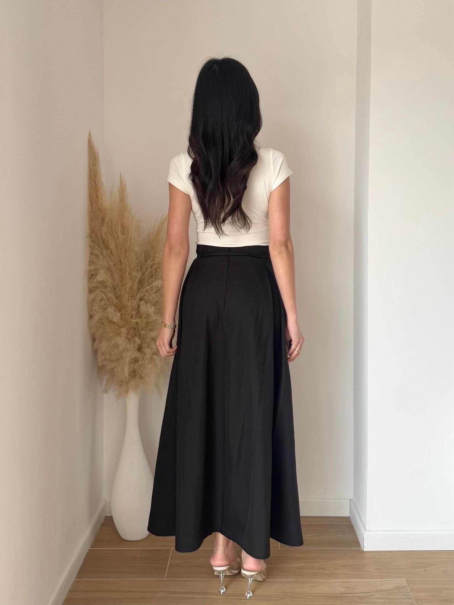 Jupe longue évasée ceinture fleur taille haute élégante maxi skirt