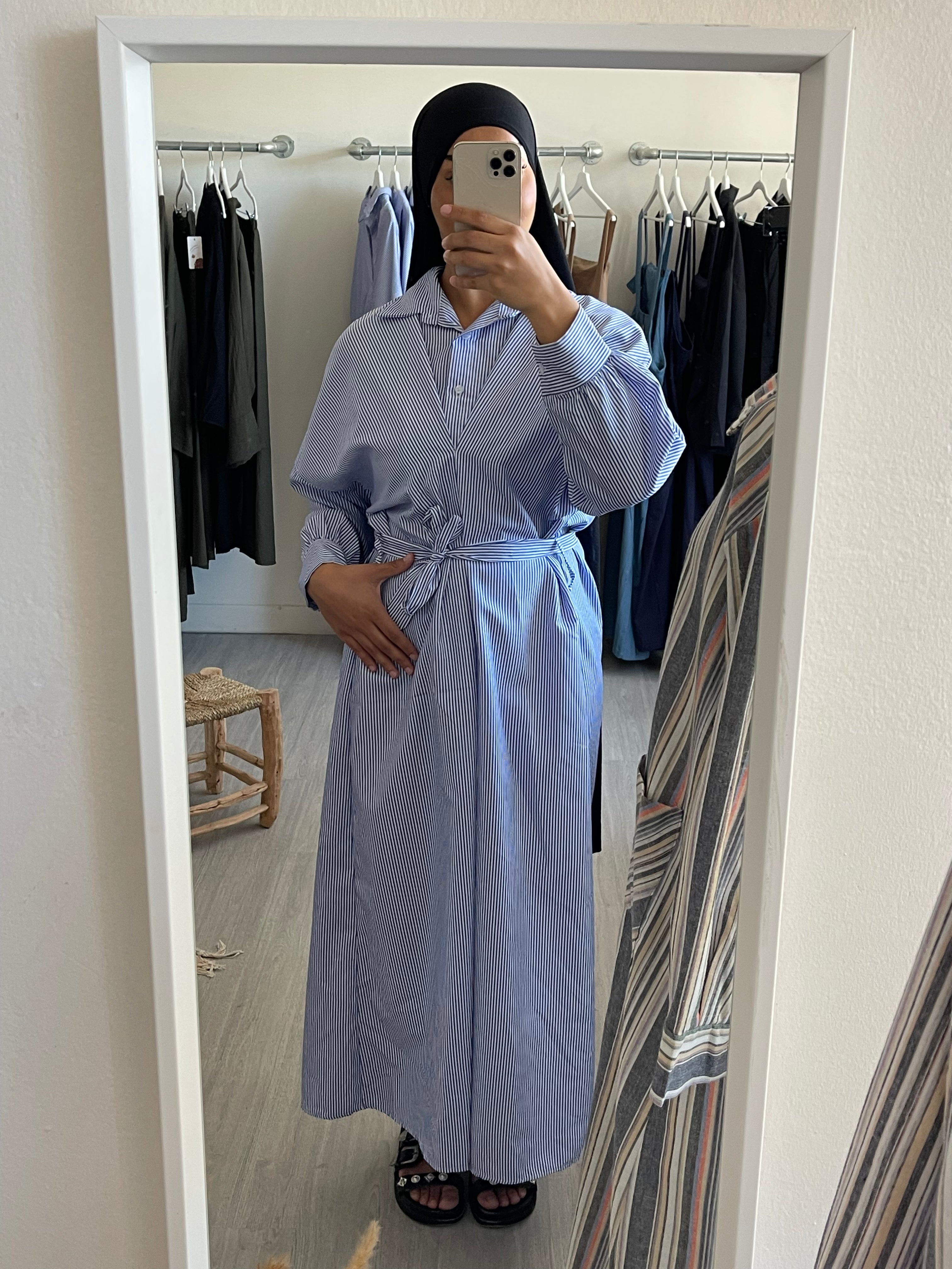 Robe Chemise Manches Longues Rayée Bleu