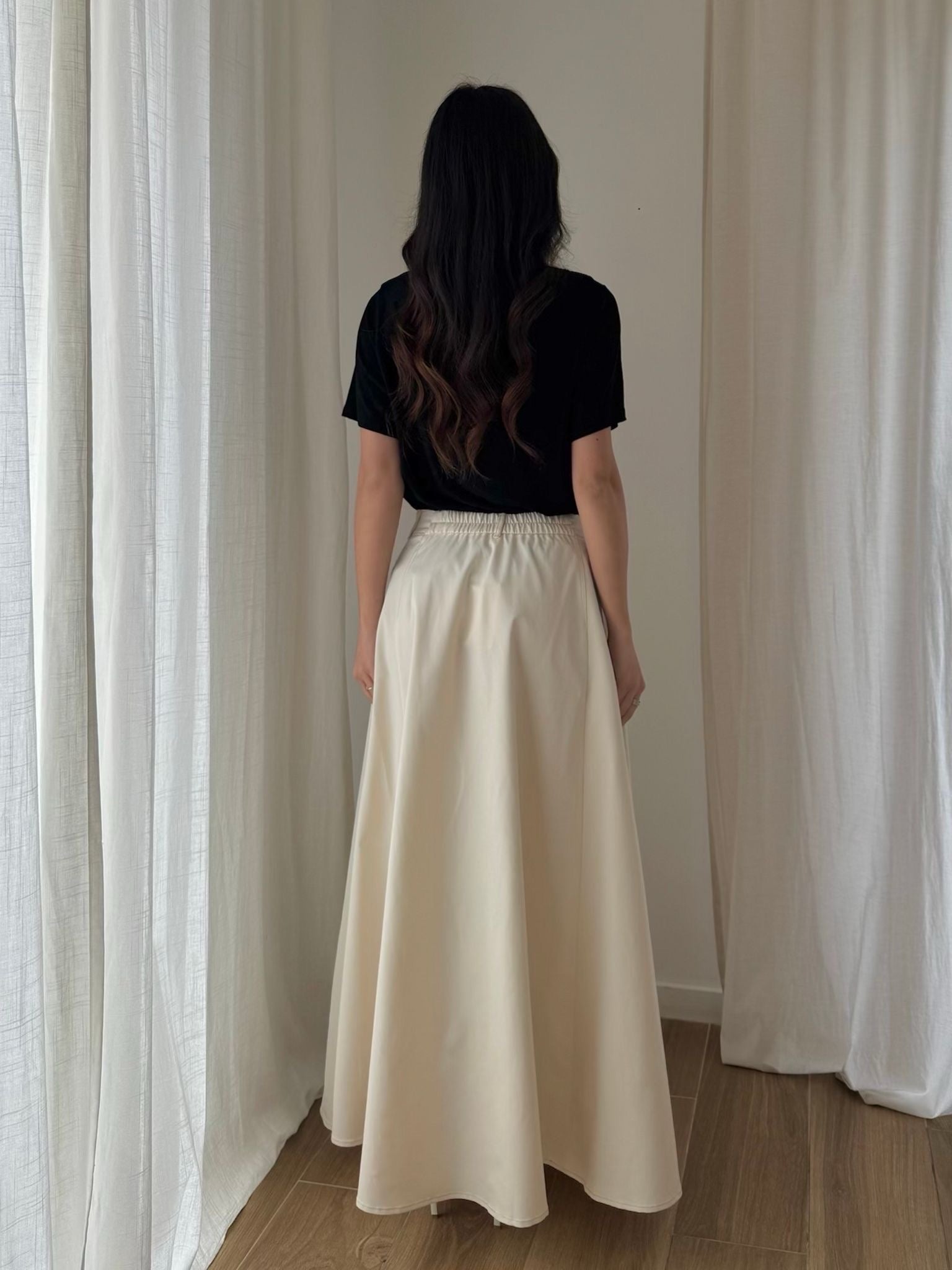 Jupe longue évasée polyester taille élastique style élégant chic décontracté casual maxi skirt