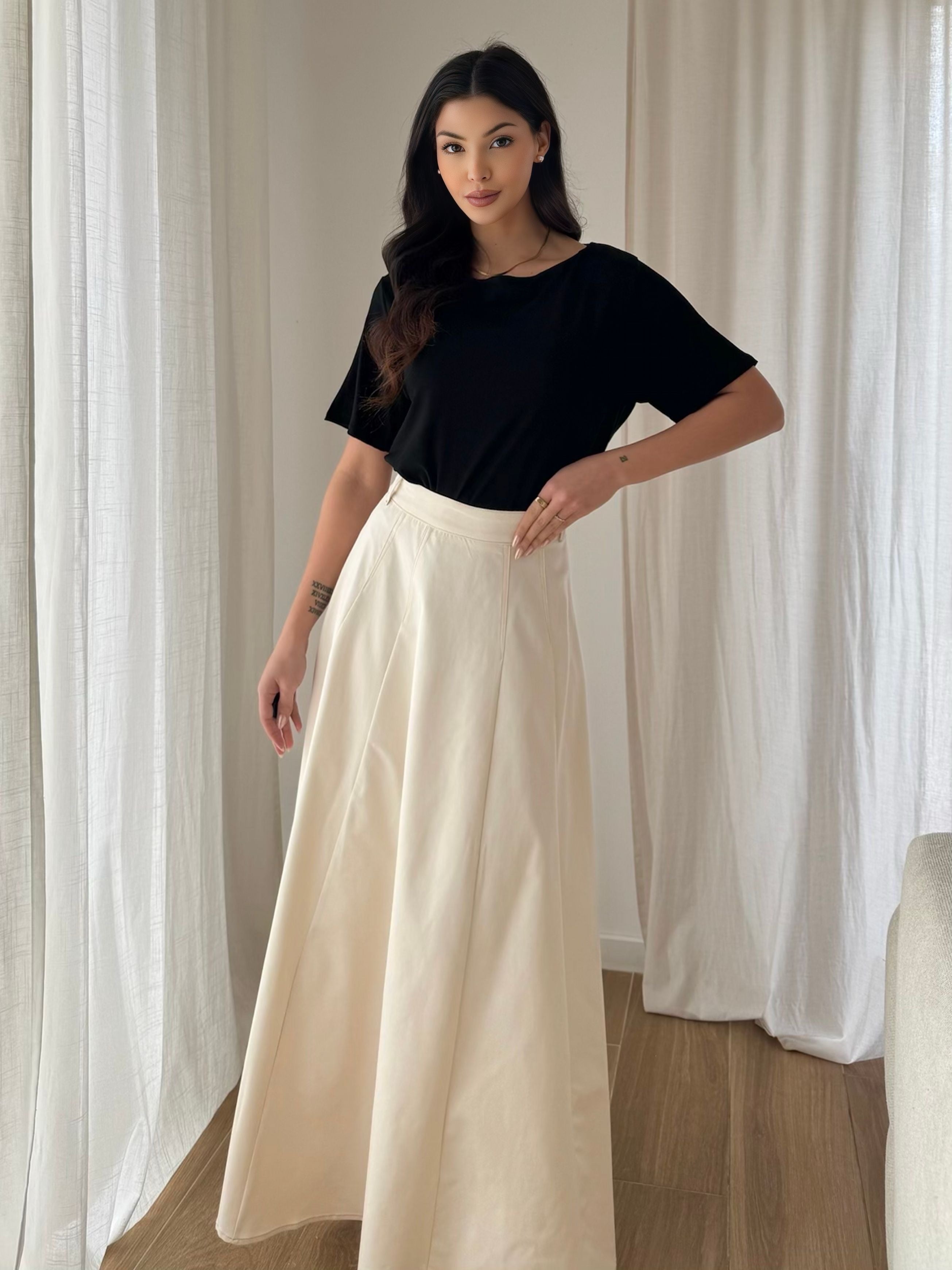 Jupe longue évasée polyester taille élastique style élégant chic décontracté casual maxi skirt