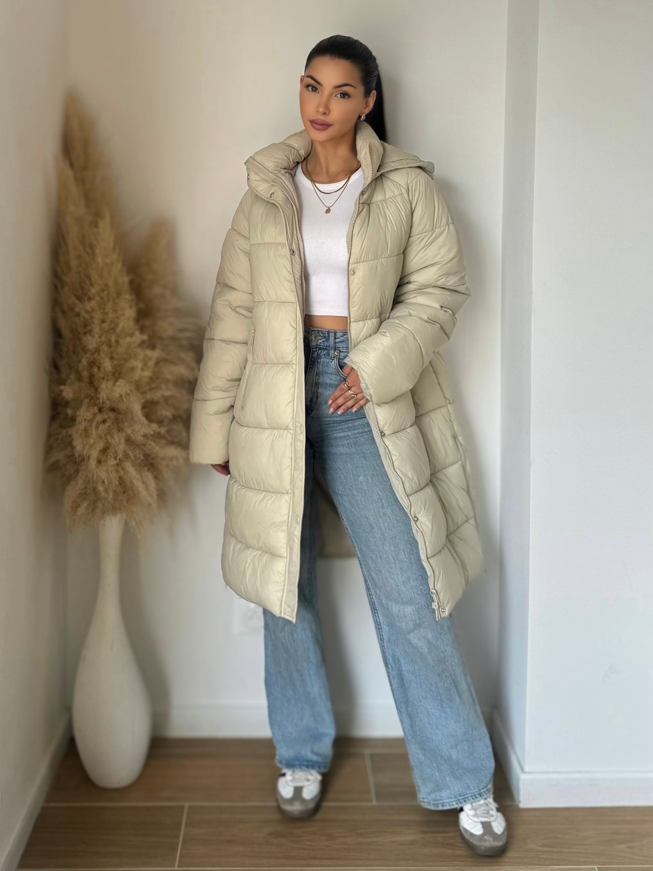 Doudoune oversize longue beige – tendance hiver