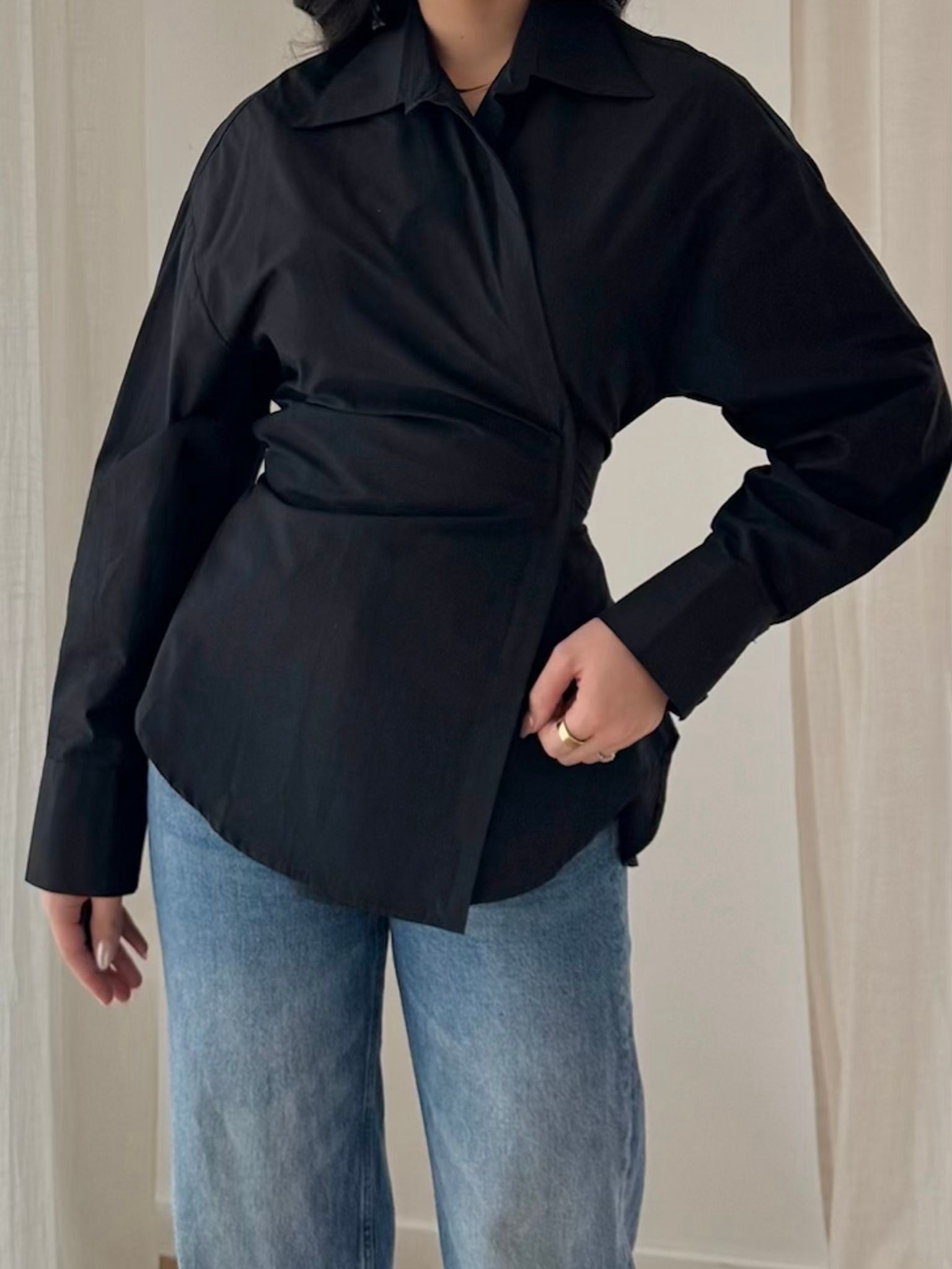 Chemise coton ceinture ajustable col oversize chic casual