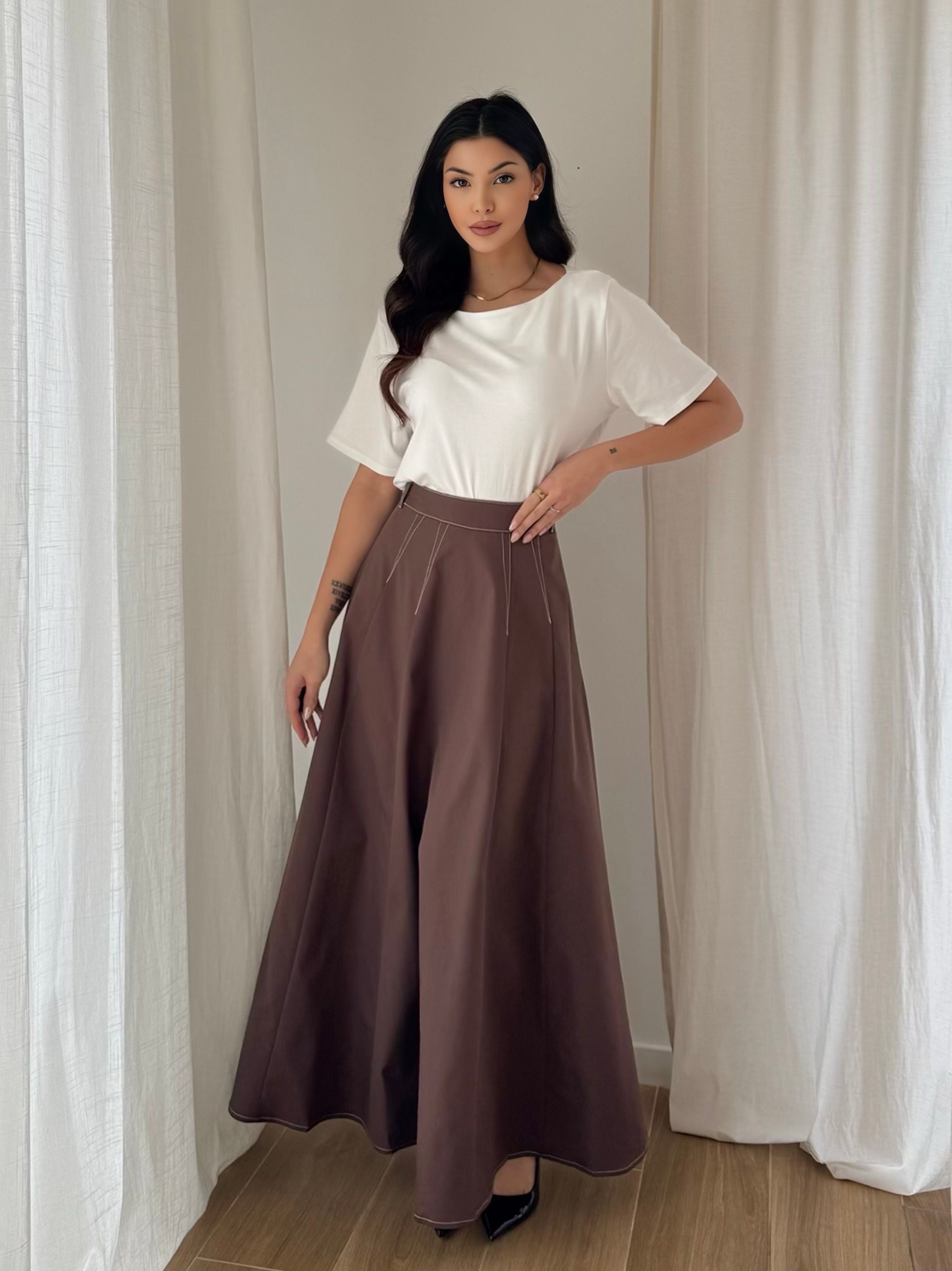 Jupe longue évasée polyester taille élastique style élégant chic décontracté casual maxi skirt