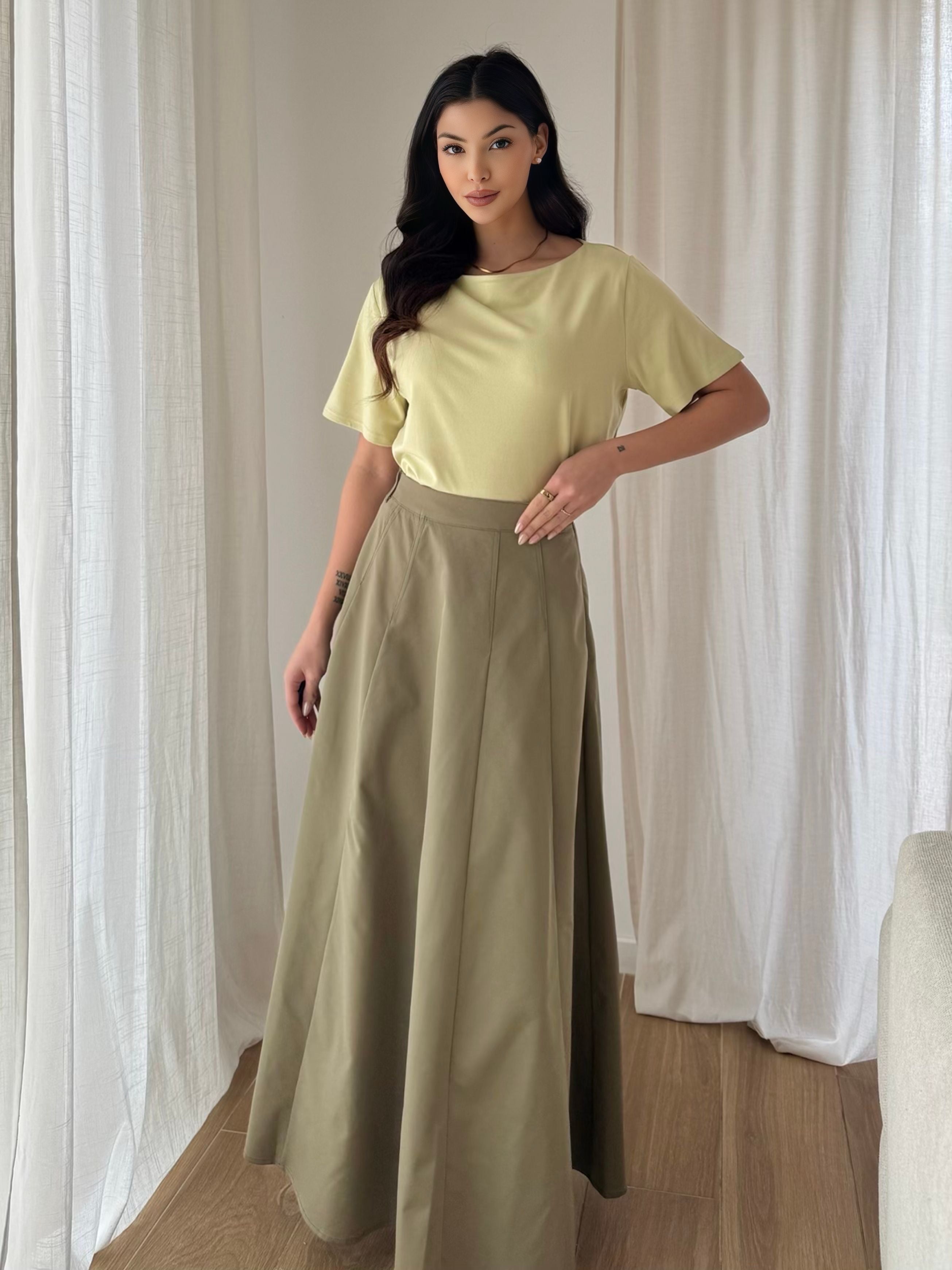 Jupe longue évasée polyester taille élastique style élégant chic décontracté casual maxi skirt