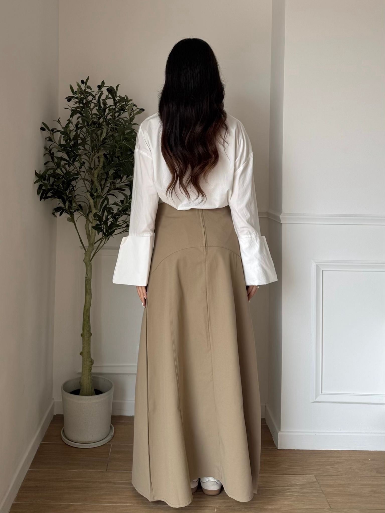 Jupe longue évasée fermeture zip dos élégante chic maxi skirt