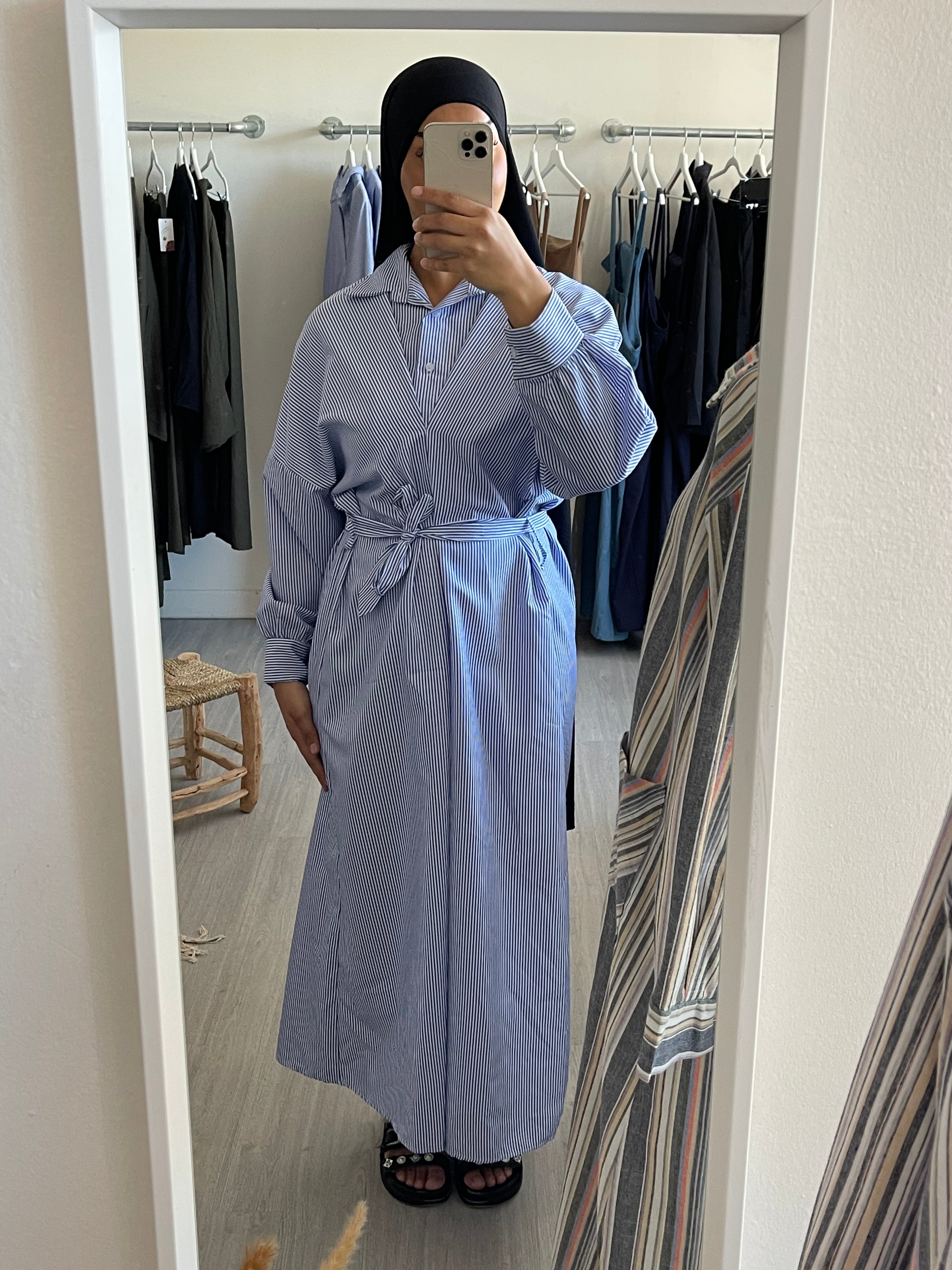 Robe Chemise Manches Longues Rayée Bleu